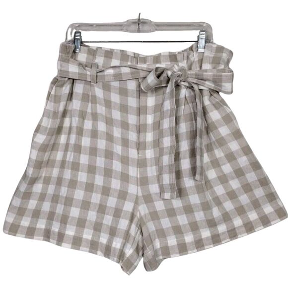 a new day Pants - Plaid High Rise Linen Short Summer Vacay Size XL Elastic Waist Zipper Pockets